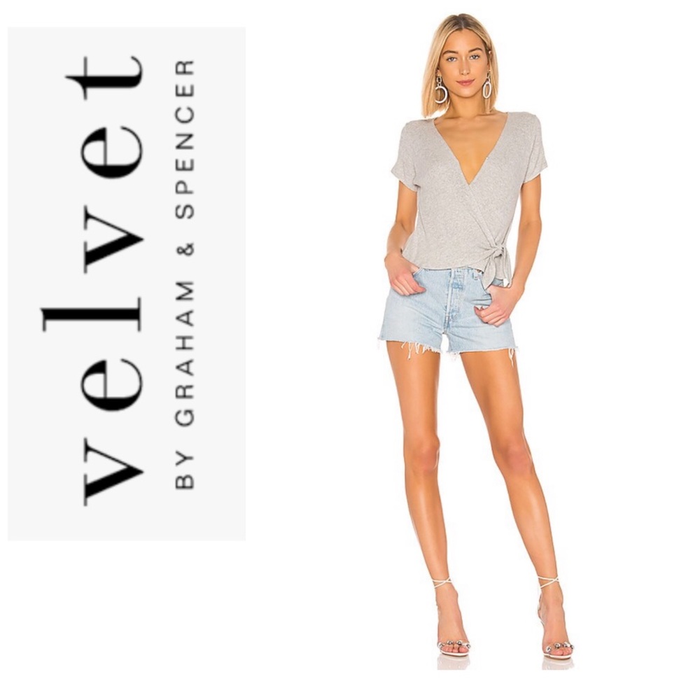 Velvet “Bitsie” ribbed faux wrap top in heather grey!